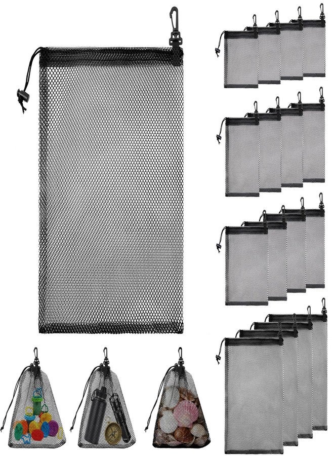 Worldity 16 Pcs 4 Sizes Mesh Drawstring Bags with Clip, Mesh Foraging Bags with Clip, Breathable Black Small Organza Bags Drawstring, Foraging Pouch for Rock Collecting, Mushroom Hunting, Beachcombing - Image 1